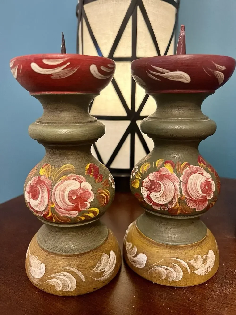 Vintage Hand Painted Wooden Candle Holders Red Floral Pair Boho. Waverly Look. U